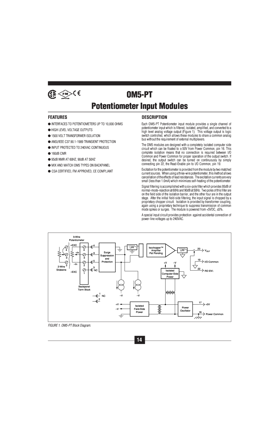 Omega Vehicle Security OM5-C manual OM5-PT Potentiometer Input Modules, Features, Description, OM5-PTBlock Diagram 