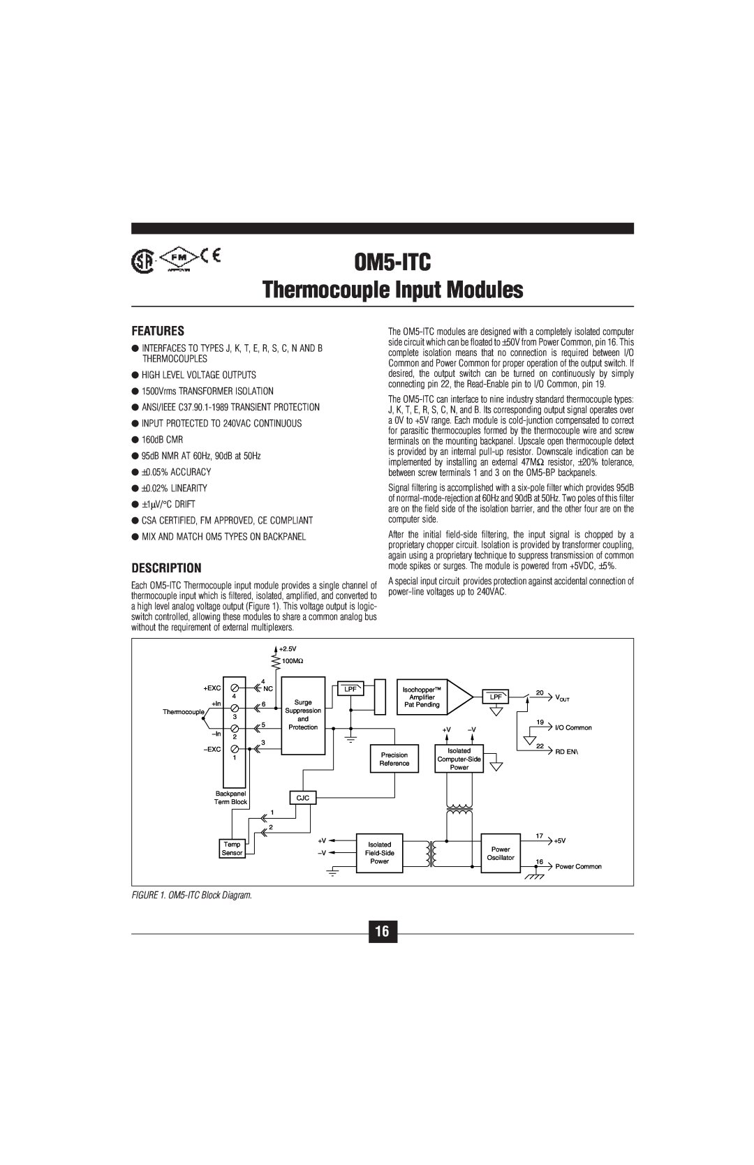 Omega Vehicle Security OM5-C manual OM5-ITC Thermocouple Input Modules, Features, Description, OM5-ITCBlock Diagram 