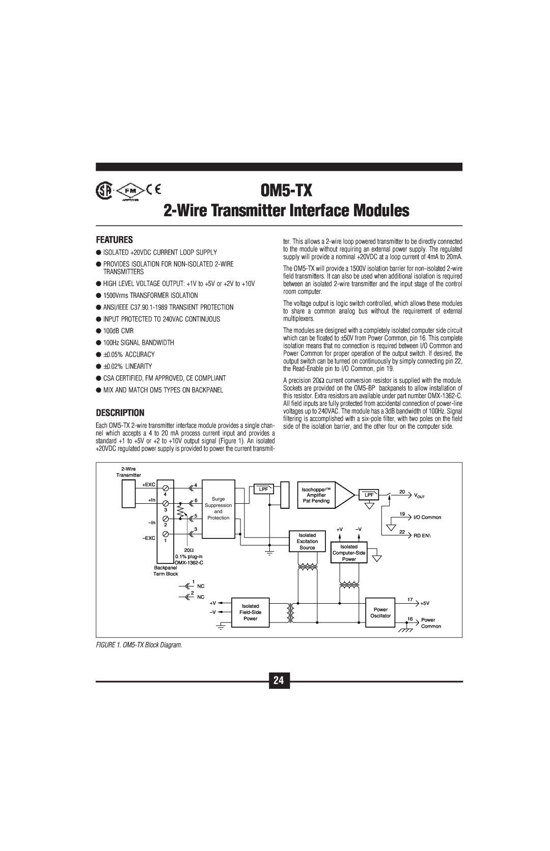 Omega Vehicle Security OM5-C manual OM5-TX 2-WireTransmitter Interface Modules, Features, Description, OM5-TXBlock Diagram 
