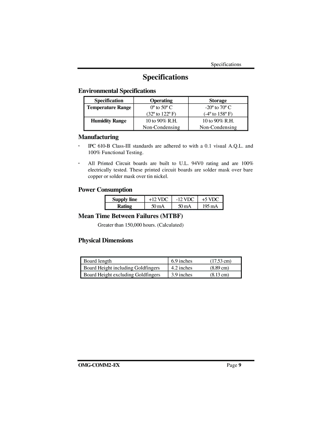 Omega Vehicle Security OMG-COMM2-EX manual Specifications 