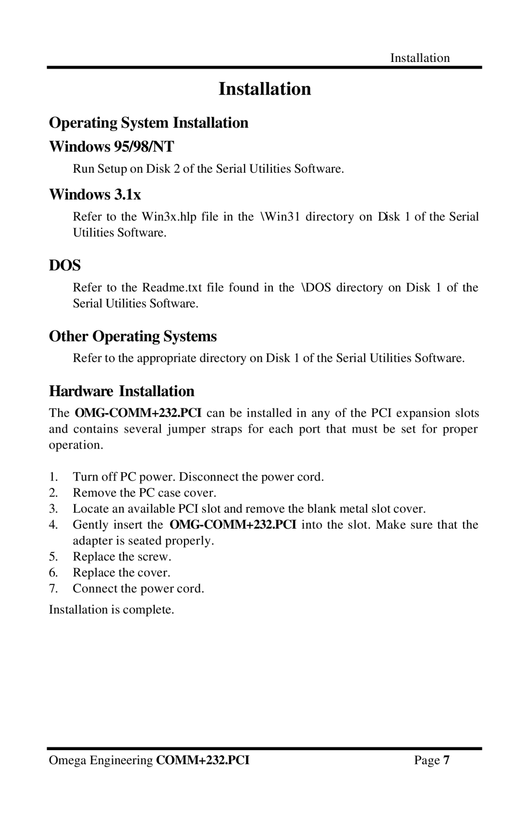 Omega Vehicle Security OMG-COMM232-PCI manual Operating System Installation Windows 95/98/NT, Other Operating Systems 