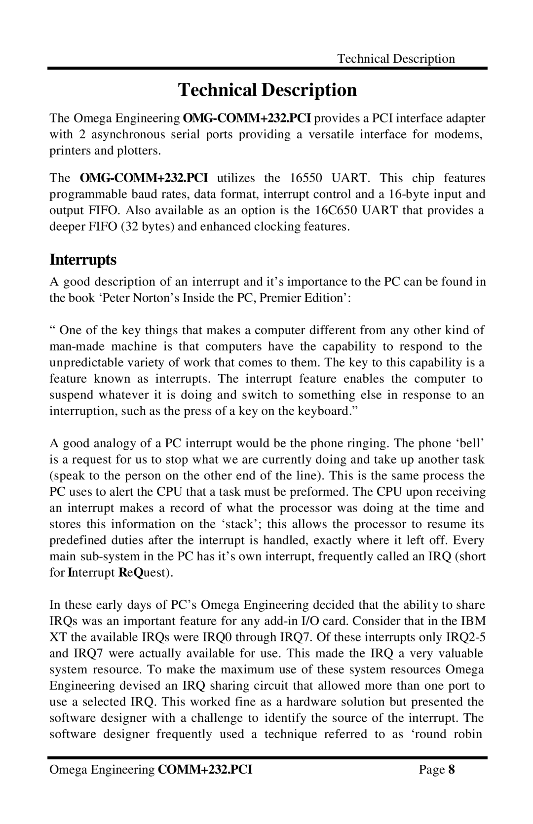 Omega Vehicle Security OMG-COMM232-PCI manual Technical Description, Interrupts 