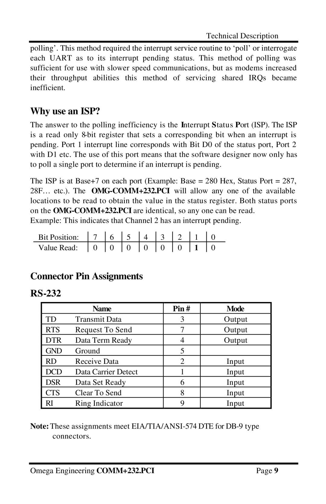 Omega Vehicle Security OMG-COMM232-PCI manual Why use an ISP?, Connector Pin Assignments RS-232 