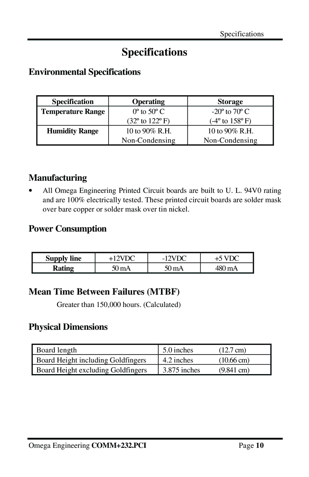 Omega Vehicle Security OMG-COMM232-PCI manual Specifications 