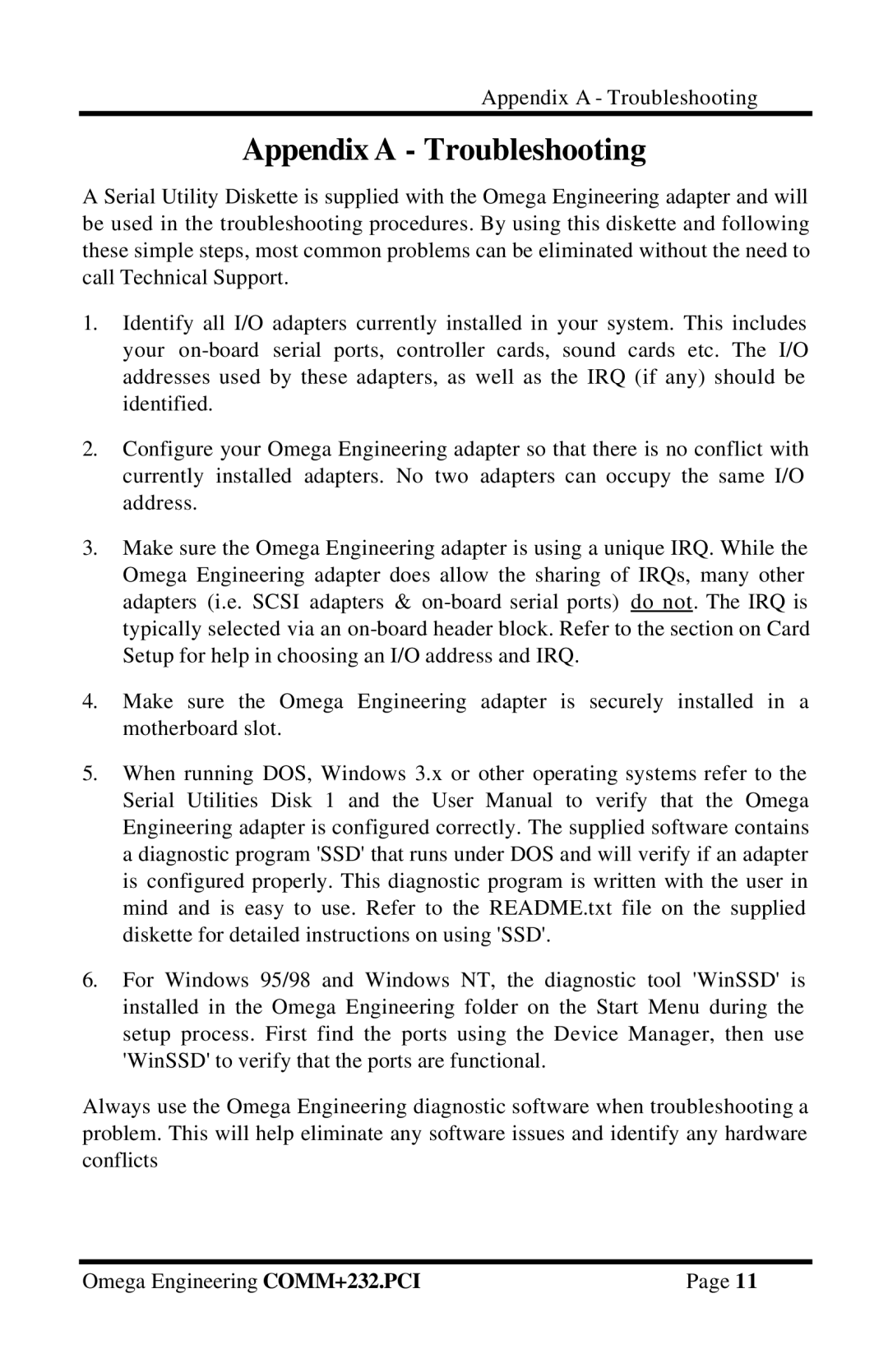 Omega Vehicle Security OMG-COMM232-PCI manual Appendix a Troubleshooting 