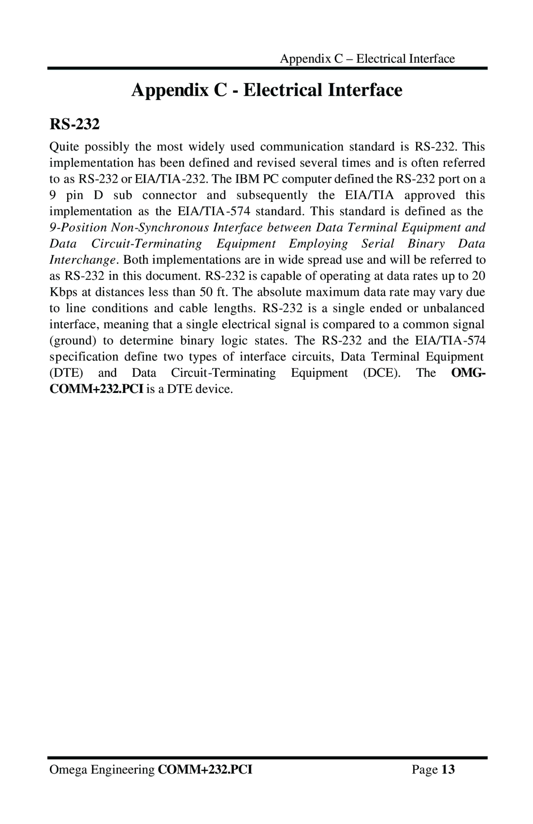 Omega Vehicle Security OMG-COMM232-PCI manual Appendix C Electrical Interface, RS-232 