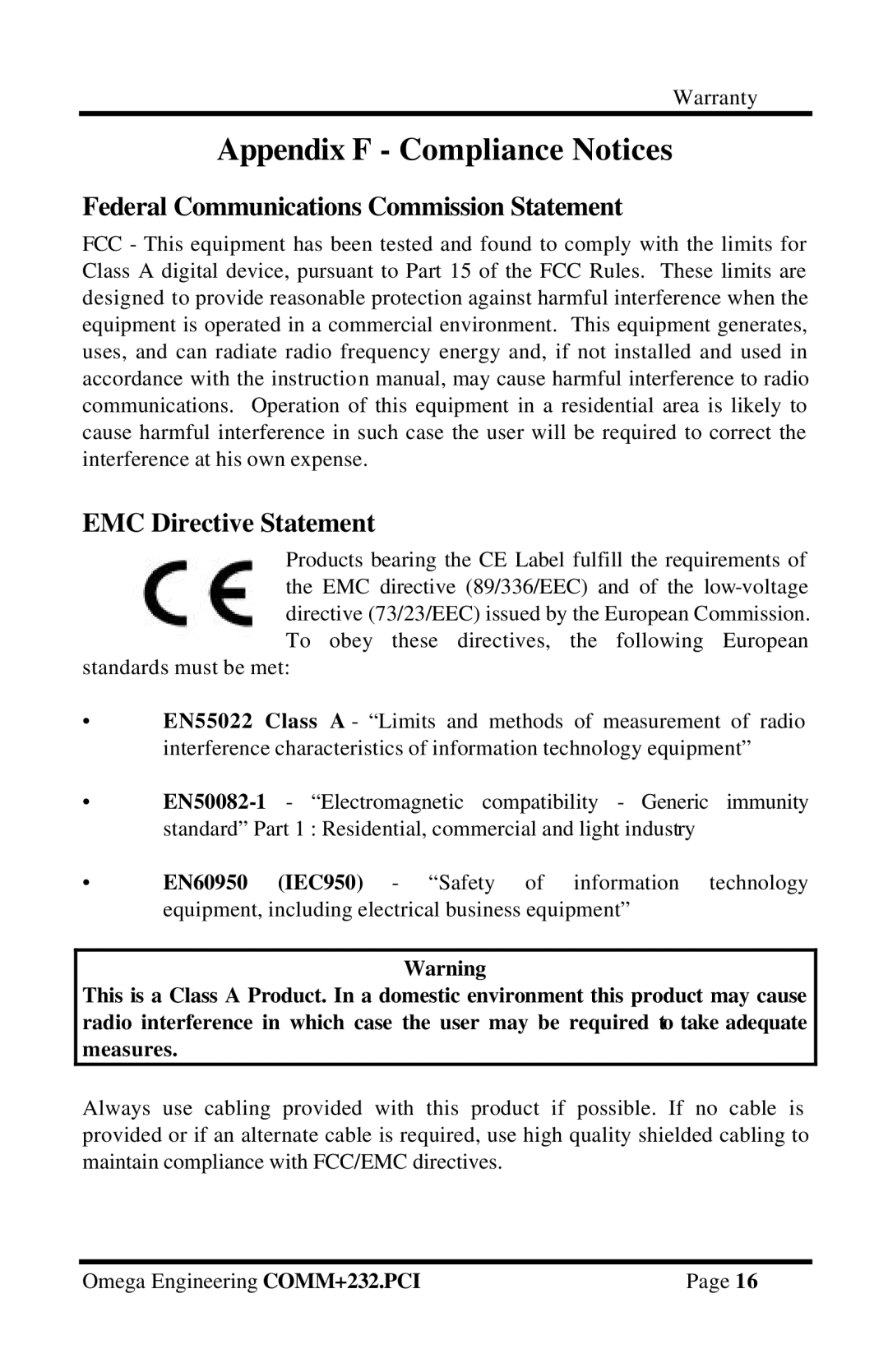 Omega Vehicle Security OMG-COMM232-PCI manual Appendix F Compliance Notices 