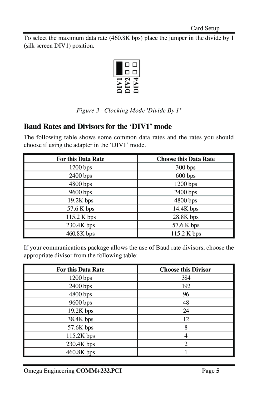 Omega Vehicle Security OMG-COMM232-PCI manual Baud Rates and Divisors for the ‘DIV1’ mode, Clocking Mode Divide By 1’ 