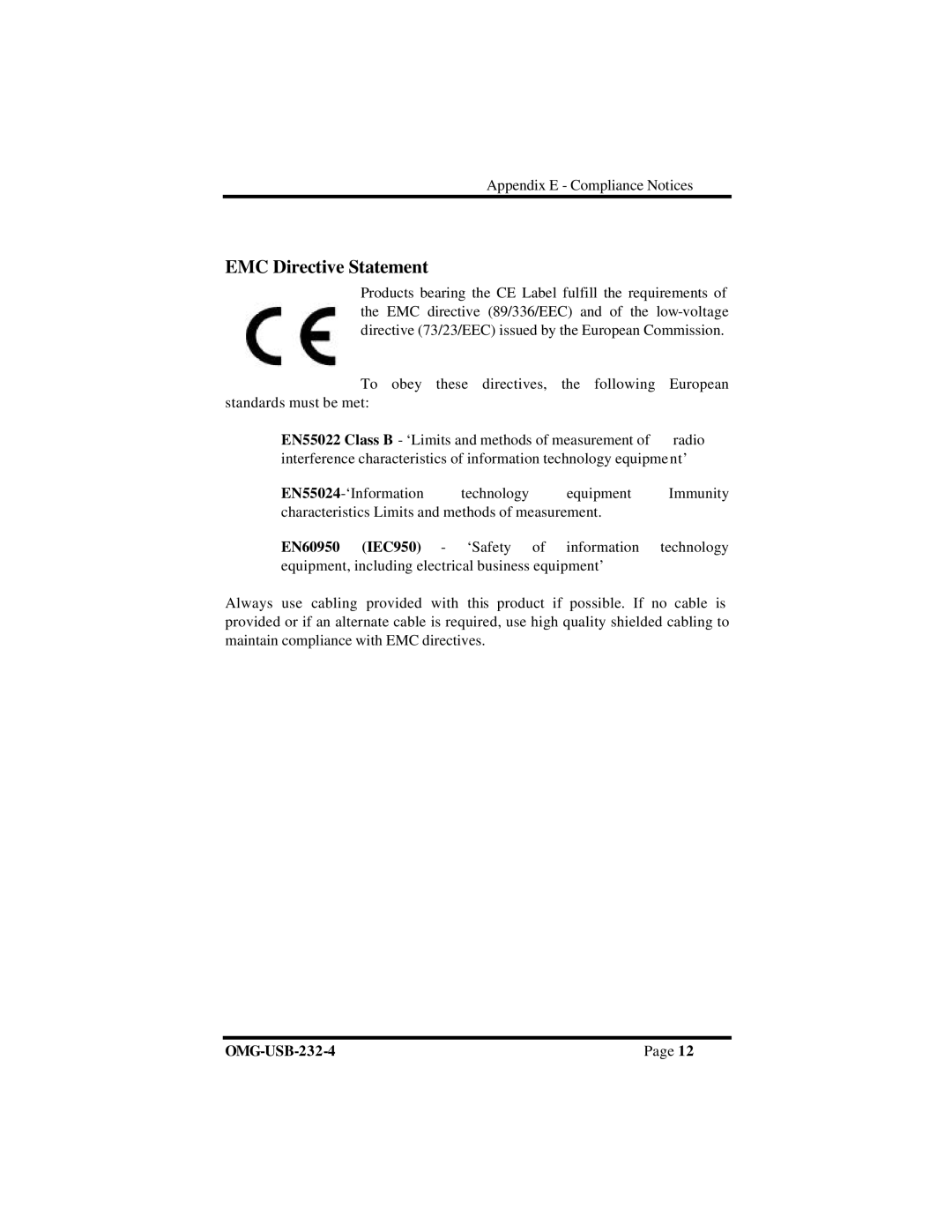 Omega Vehicle Security OMG-USB-232-4 manual EMC Directive Statement, EN60950 IEC950 ‘Safety 