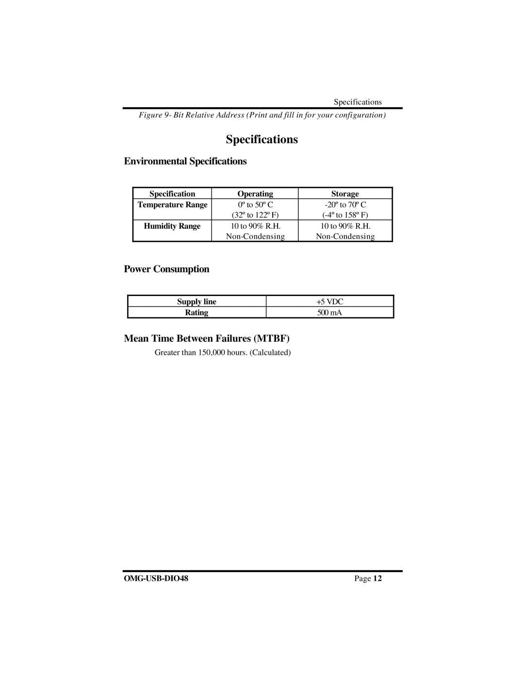 Omega Vehicle Security OMG-USB-DIO48 Environmental Specifications, Power Consumption, Mean Time Between Failures Mtbf 