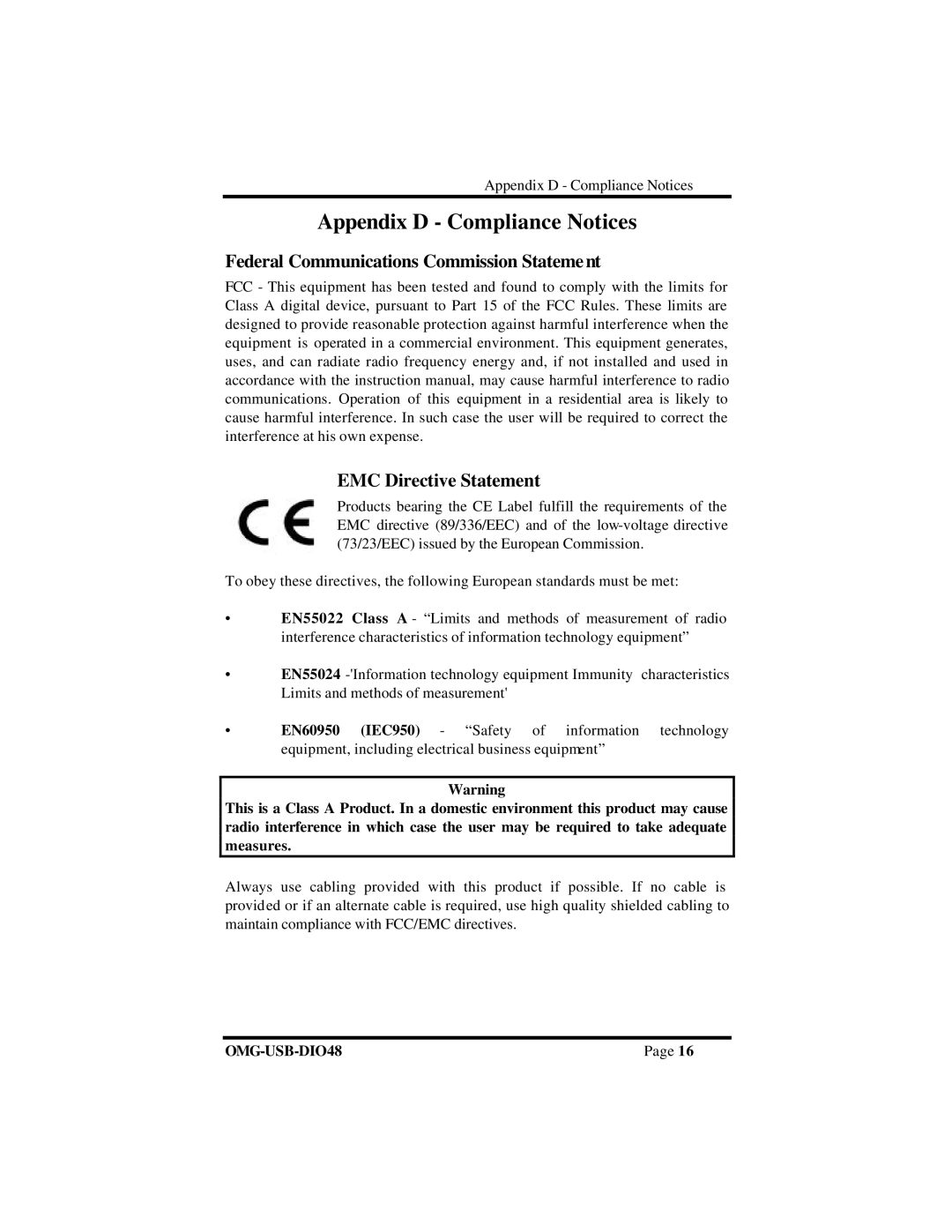 Omega Vehicle Security OMG-USB-DIO48 manual Appendix D Compliance Notices 