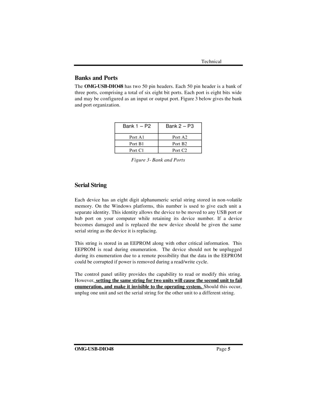 Omega Vehicle Security OMG-USB-DIO48 manual Banks and Ports, Serial String 