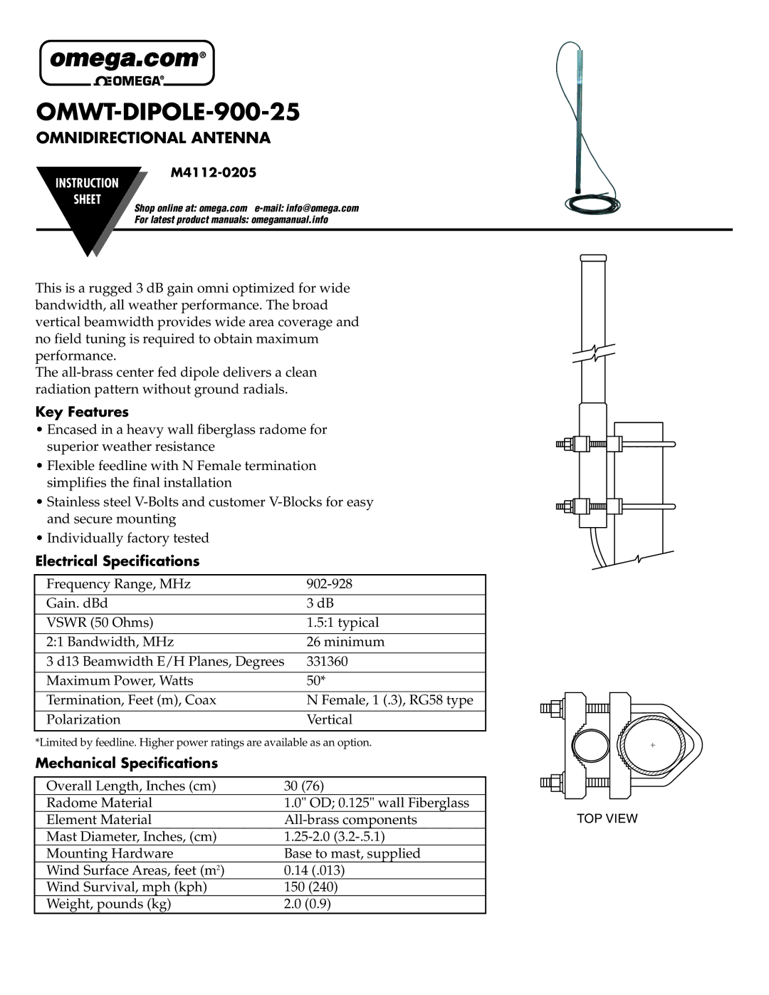 Omega Vehicle Security OMWT-DIPOLE-900-25 instruction sheet Key Features, Electrical Specifications, M4112-0205 