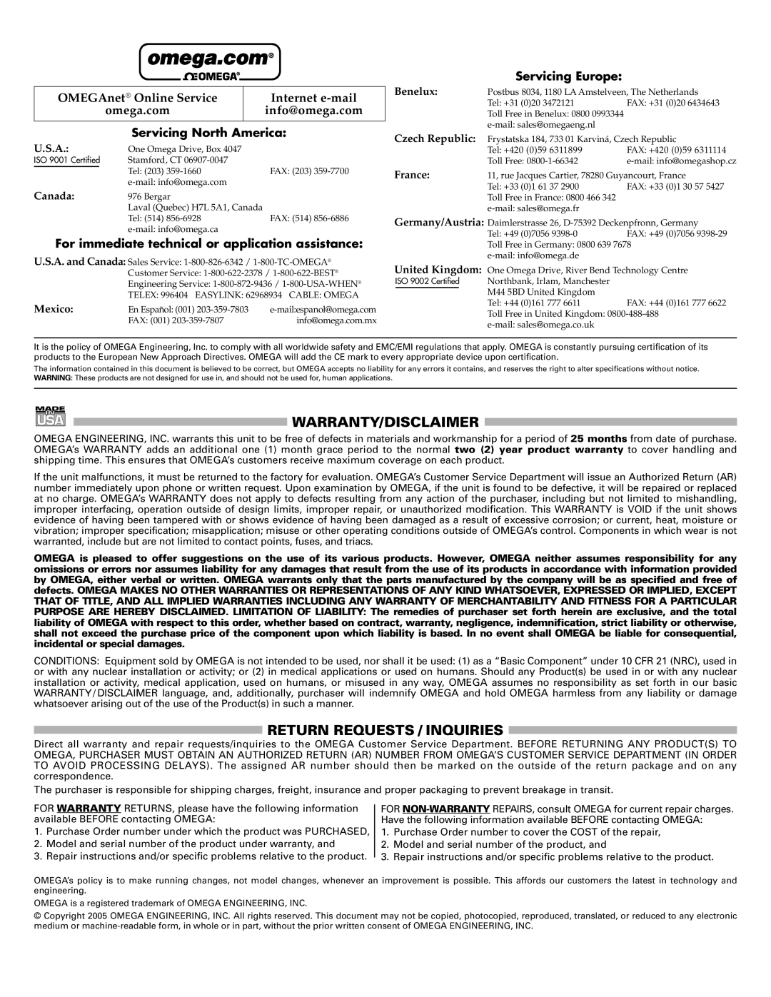 Omega Vehicle Security OMWT-DIPOLE-900-25 Warranty/Disclaimer, Return Requests / Inquiries, Servicing North America 