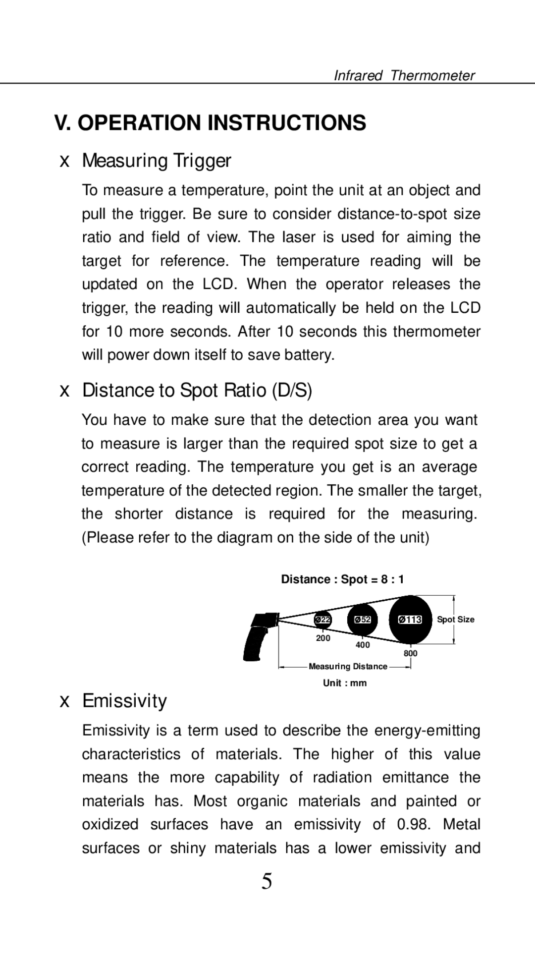 Omega Vehicle Security OS542 manual Operation Instructions, Measuring Trigger, Distance to Spot Ratio D/S, Emissivity 