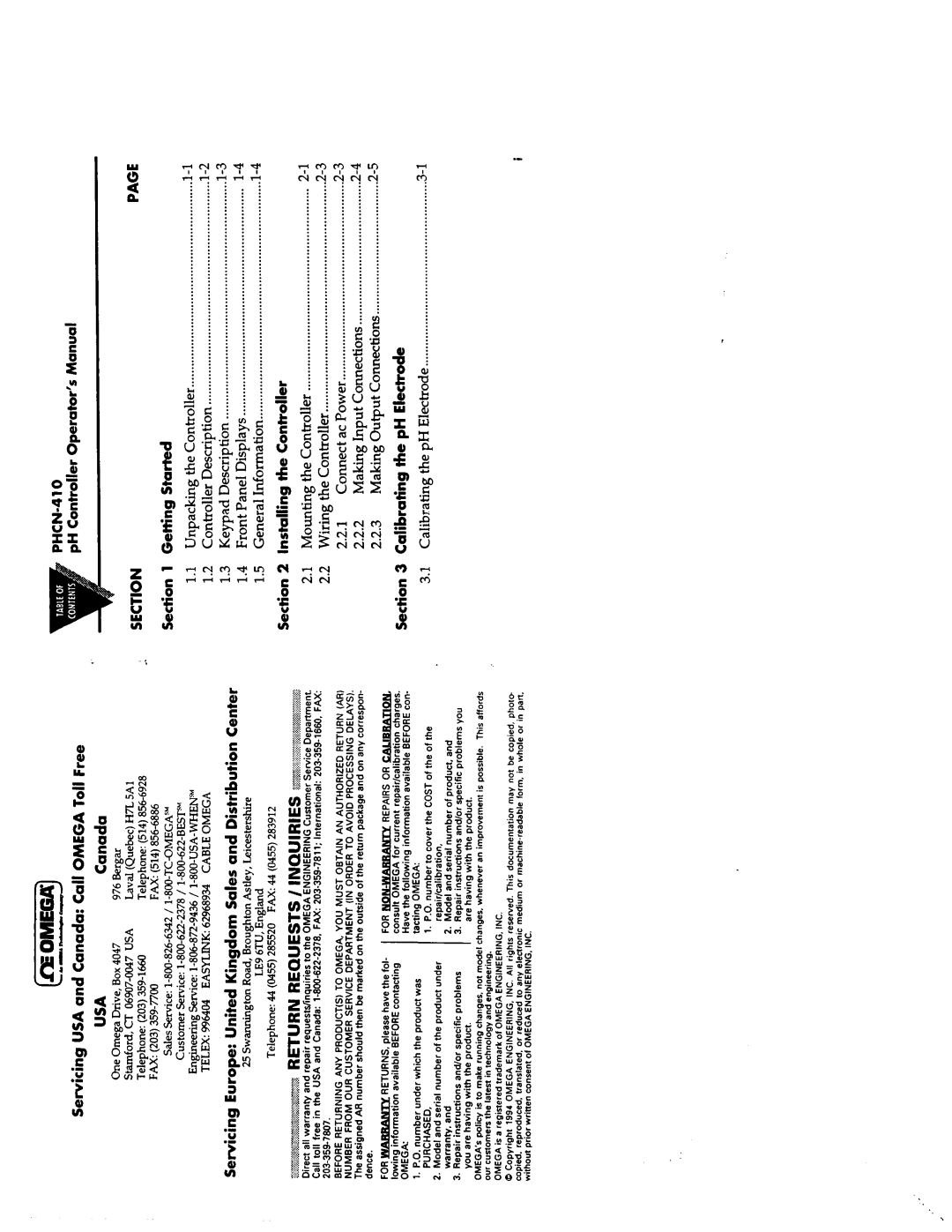 Omega Vehicle Security PHCN-410 manual Servicing USA and Canada Call Omega Toll Free, PH Controller Operator ’s Manual 