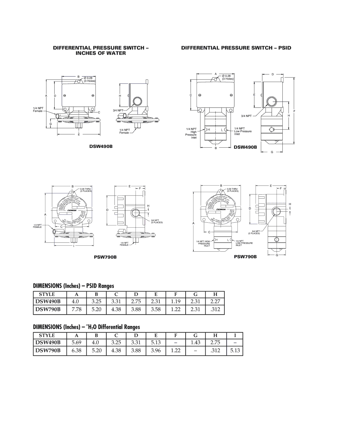 Omega Vehicle Security PSW490B, PSW790B manual Dimensions Inches Psid Ranges 