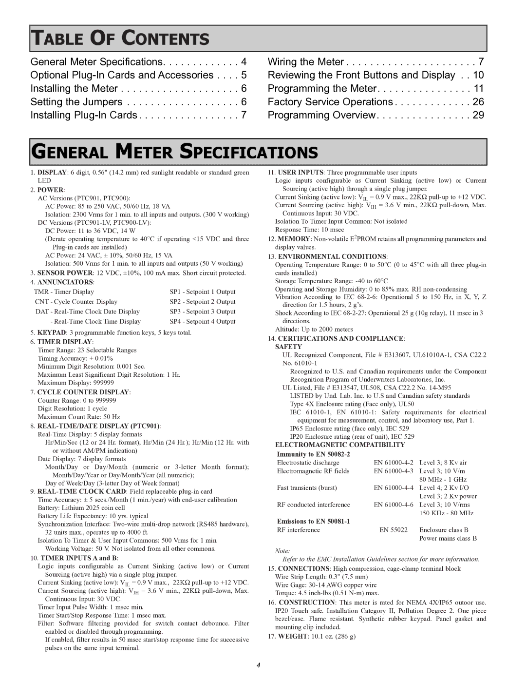 Omega Vehicle Security PTC900 manual Table of Contents, General Meter Specifications 