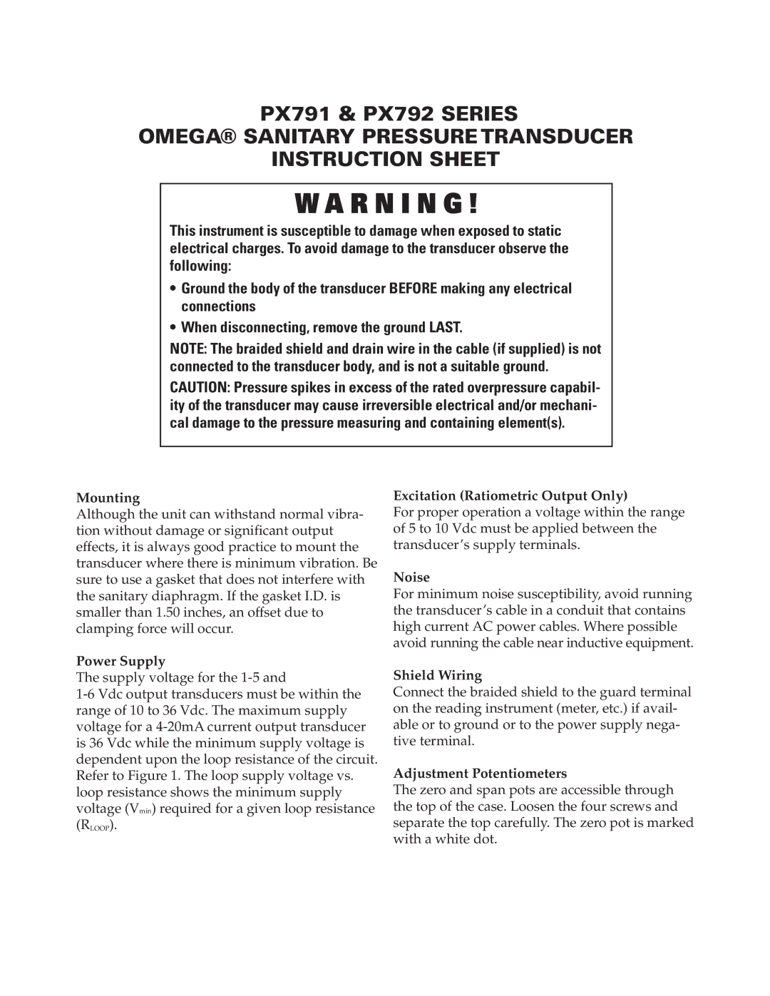 Omega Vehicle Security PX791, PX792 Series manual Omega Sanitary Pressure Transducer Instruction Sheet 