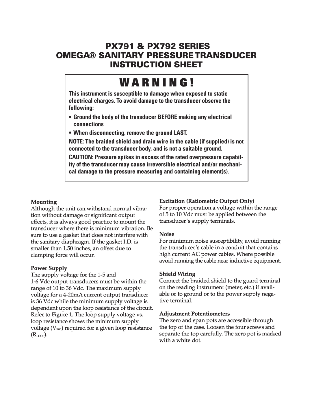 Omega Vehicle Security manual PX791 & PX792 SERIES, Omega Sanitary Pressure Transducer, Instruction Sheet, W A R N I N G 