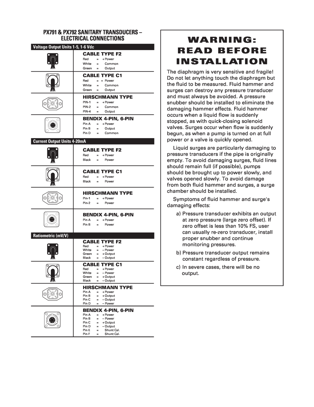 Omega Vehicle Security manual Read Before Installation, Electrical Connections, PX791 & PX792 SANITARY TRANSDUCERS 