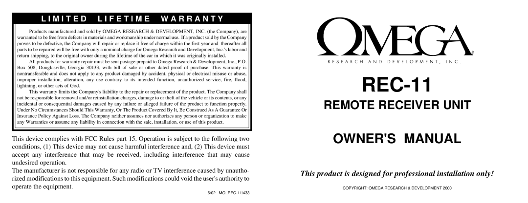 Omega Vehicle Security REC-11 owner manual 