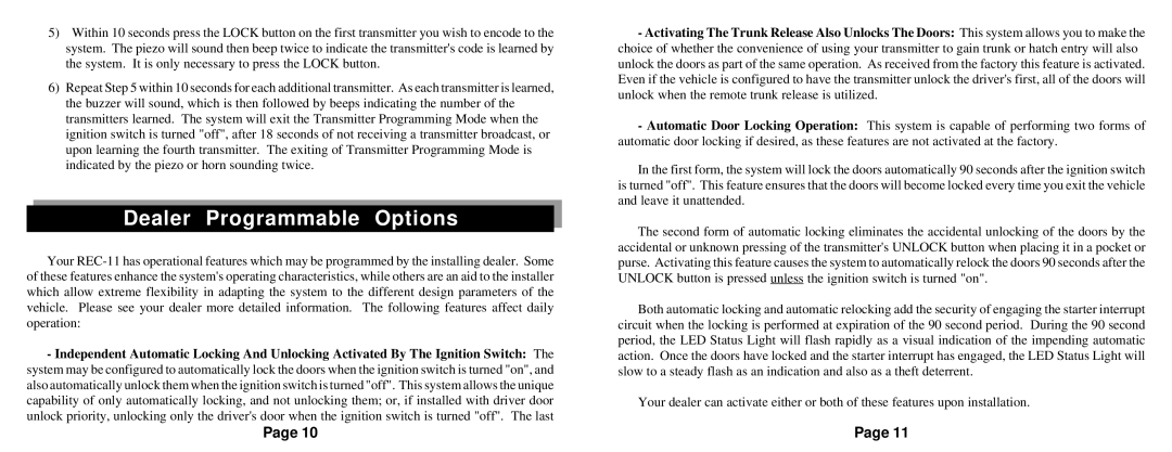 Omega Vehicle Security REC-11 owner manual Dealer Programmable Options 