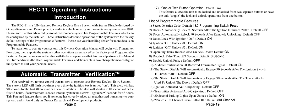 Omega Vehicle Security owner manual REC-11 Operating Instructions Introduction, Automatic Transmitter VerificationTM 