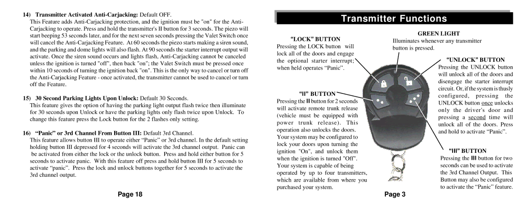 Omega Vehicle Security REC-11 owner manual Transmitter Functions, Transmitter Activated Anti-Carjacking Default OFF 