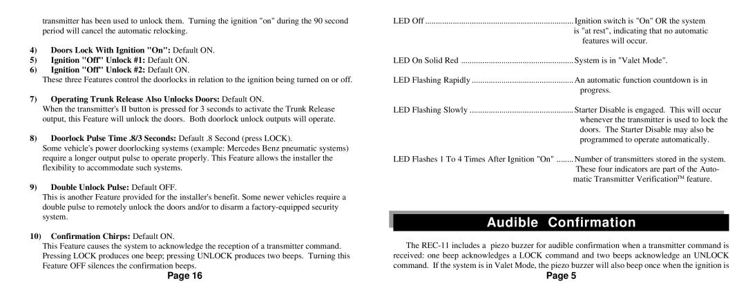 Omega Vehicle Security REC-11 owner manual Audible Confirmation, Operating Trunk Release Also Unlocks Doors Default on 