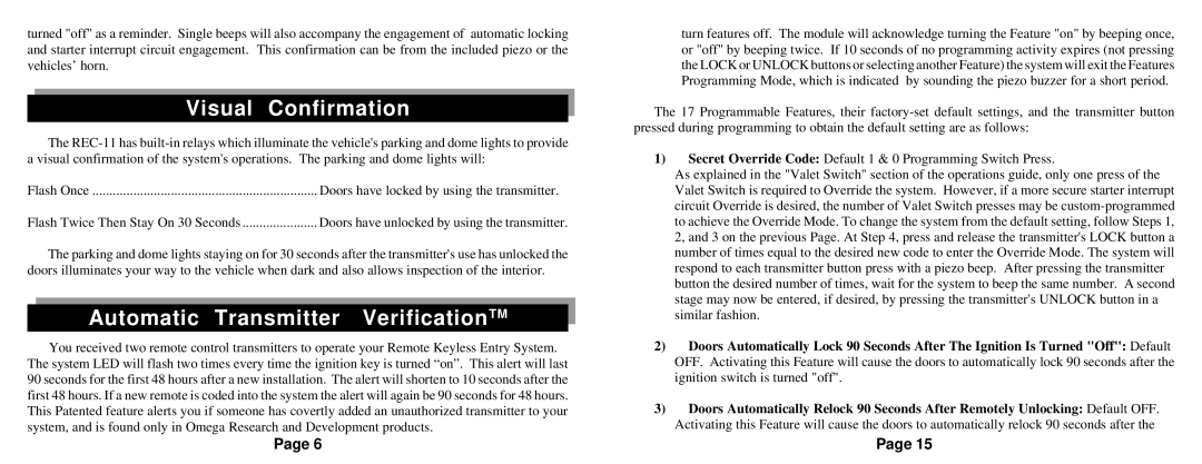 Omega Vehicle Security REC-11 owner manual Visual Confirmation, Automatic Transmitter VerificationTM 