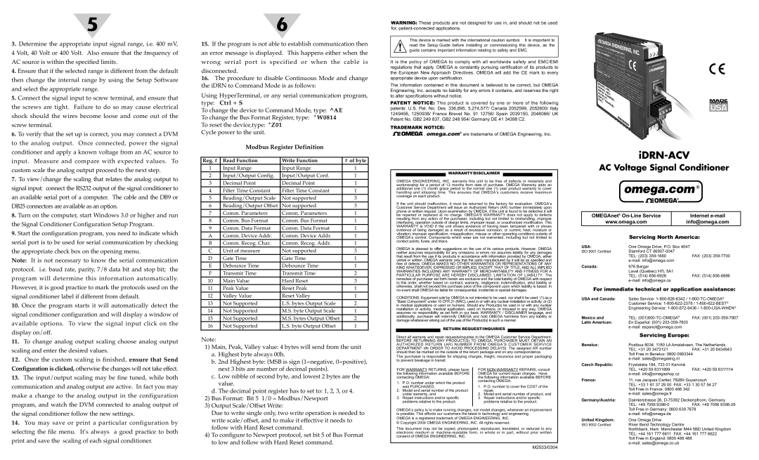 Omega Vehicle Security RS-232 dimensions Ctrl + S, Modbus Register Definition 