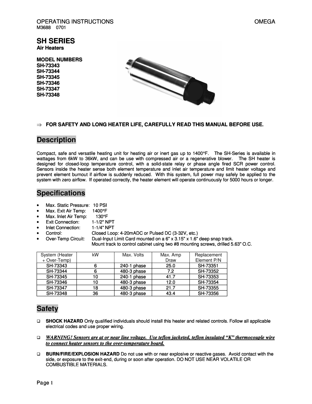 Omega Vehicle Security SH73343 specifications Sh Series, Description, Specifications, Safety, Operating Instructions 