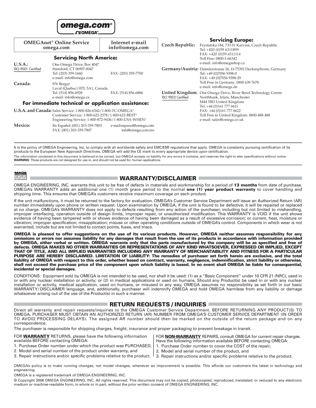 Omega Vehicle Security SMCJ-J Warranty/Disclaimer, Return Requests / Inquiries, Servicing North America, Servicing Europe 