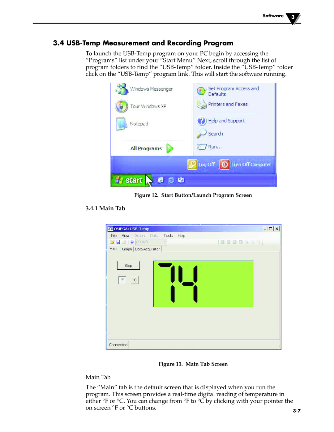 Omega Vehicle Security TJ-USB manual USB-Temp Measurement and Recording Program, Main Tab 