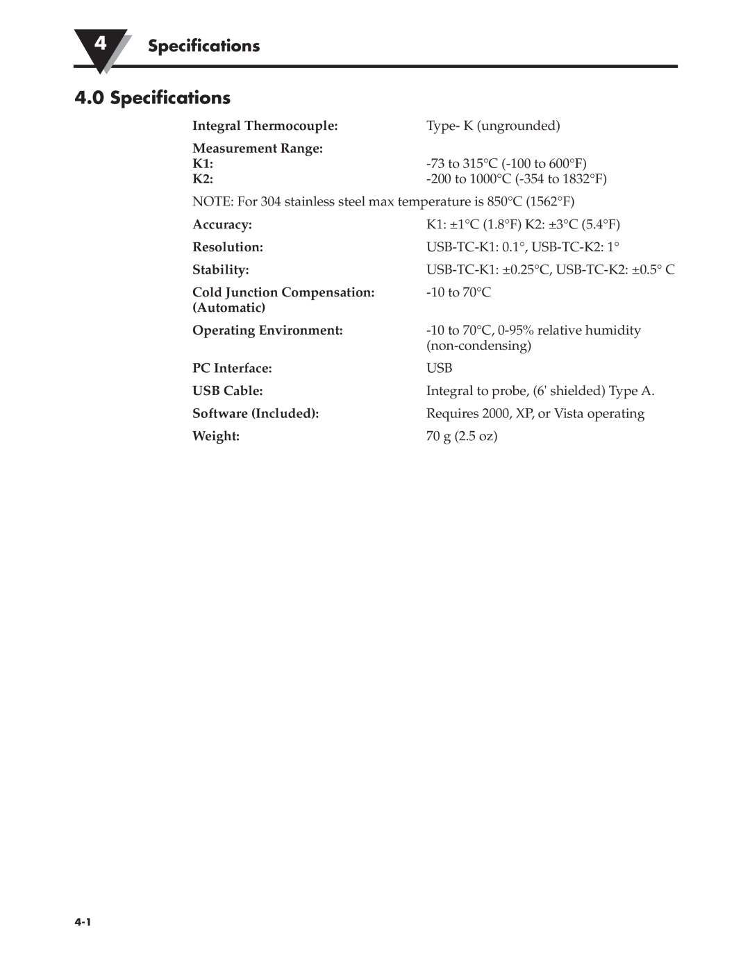 Omega Vehicle Security TJ-USB manual Specifications, Integral Thermocouple, Measurement Range 