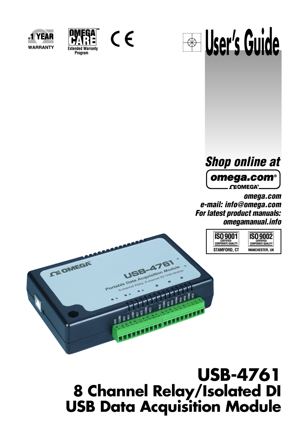 Omega Vehicle Security USB-4761 manual User’s Guide, Channel Relay/Isolated DI USB Data Acquisition Module, Shop online at 