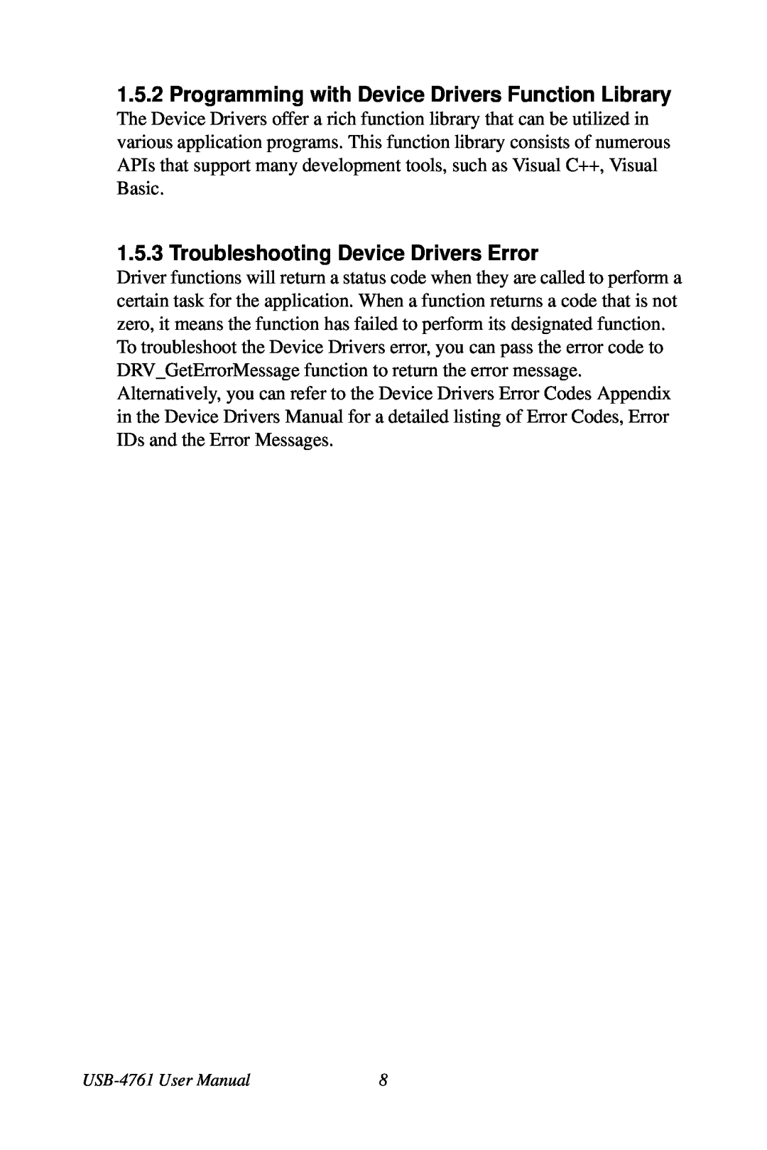 Omega Vehicle Security USB-4761 Programming with Device Drivers Function Library, Troubleshooting Device Drivers Error 