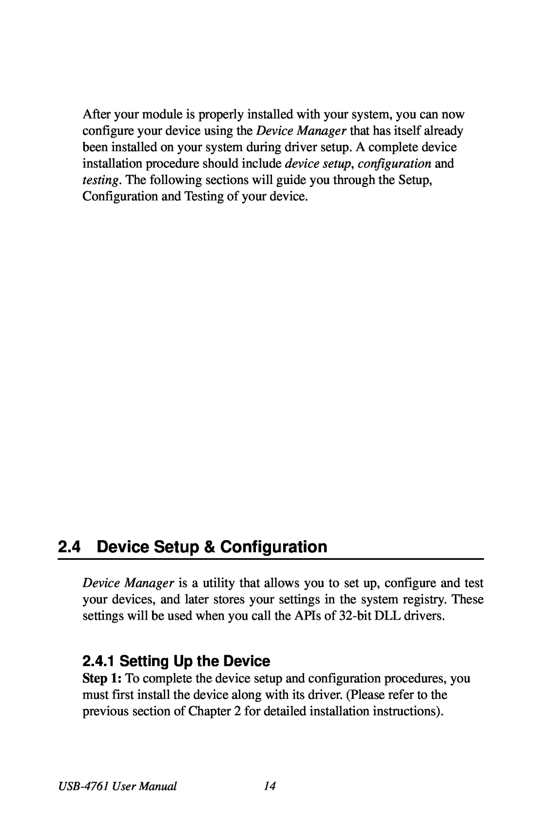 Omega Vehicle Security USB-4761 manual Device Setup & Configuration, Setting Up the Device 