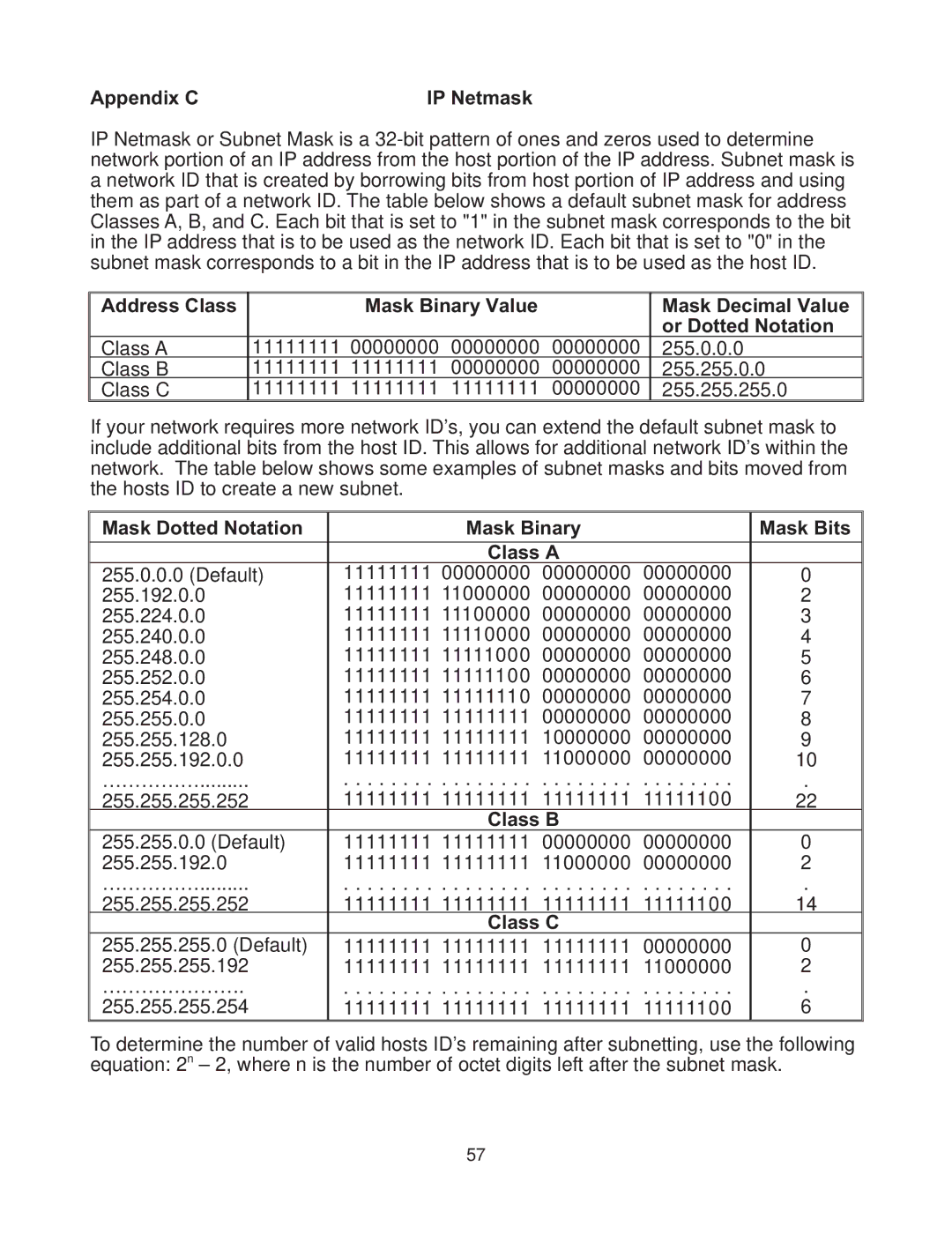 Omega Vehicle Security zSeries Appendix CIP Netmask, Address Class Mask Binary Value Mask Decimal Value, Class a, Class B 