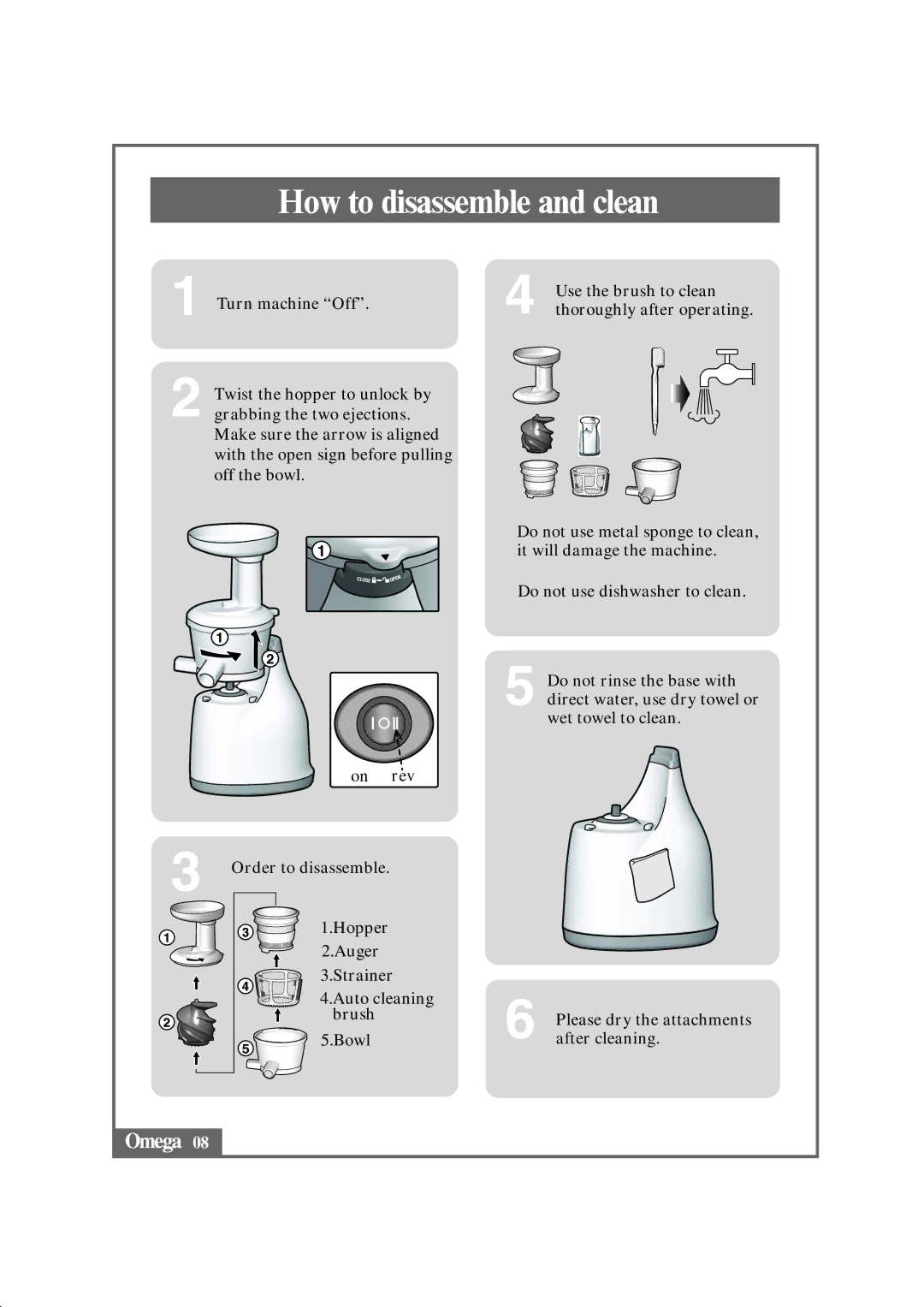 Omega VRT330, VRT350HD, VRT370HDS, BMJ330, VRT380HDC instruction manual How to disassemble and clean 