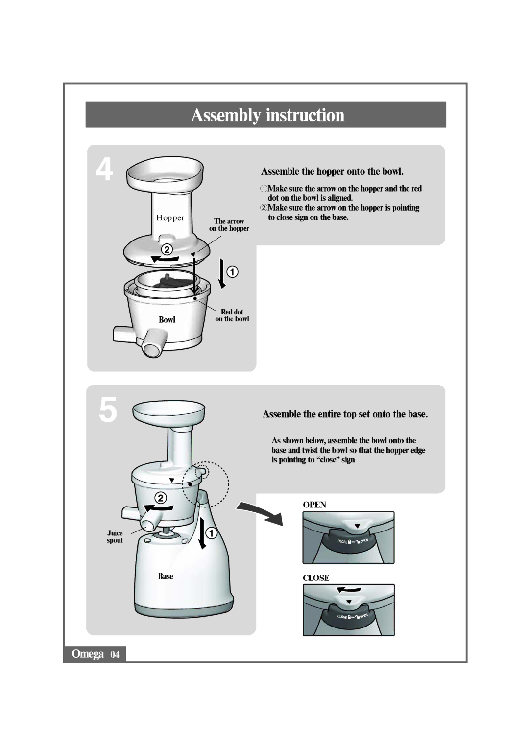 Omega VRT350HD, VRT330, VRT370HDS, BMJ330 Assemble the hopper onto the bowl, Assemble the entire top set onto the base 