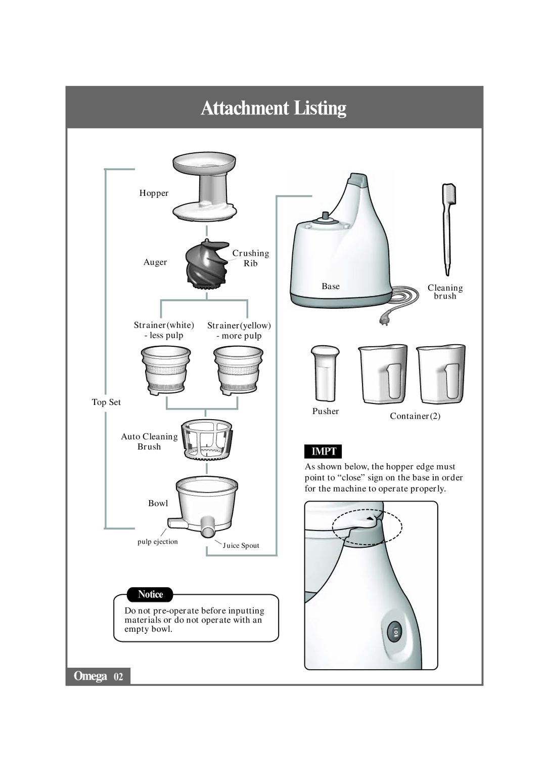 Omega VRT330 instruction manual Attachment Listing, Impt 