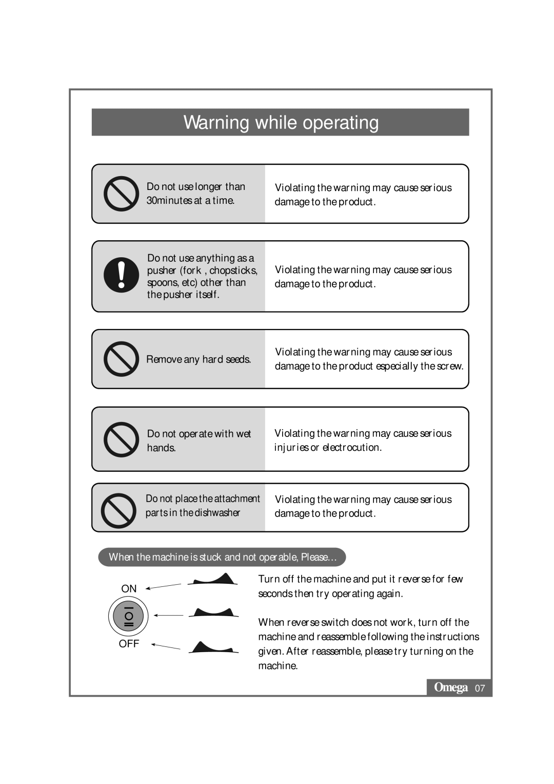 Omega VRT330 instruction manual Remove any hard seeds Do not operate with wet hands, Off 