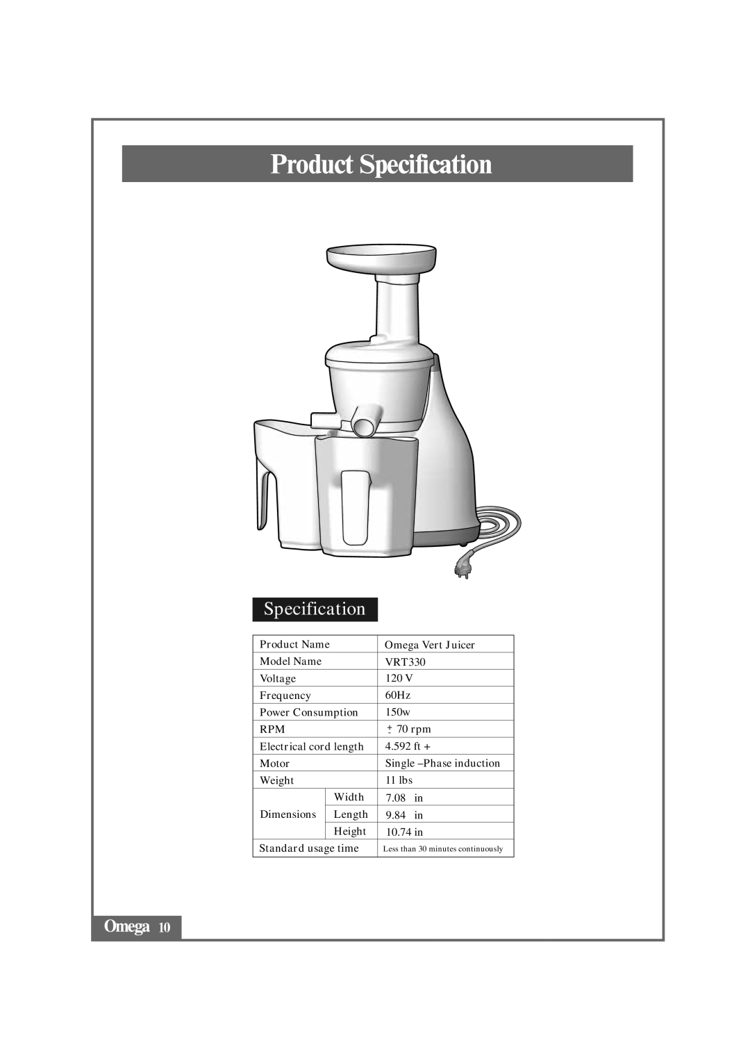 Omega VRT330 instruction manual Product Specification 