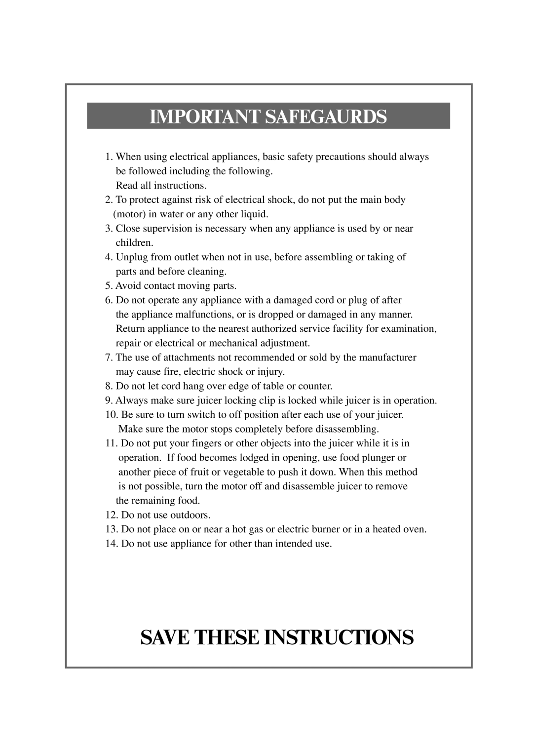 Omega VRT330 instruction manual Important Safegaurds, Save These Instructions 