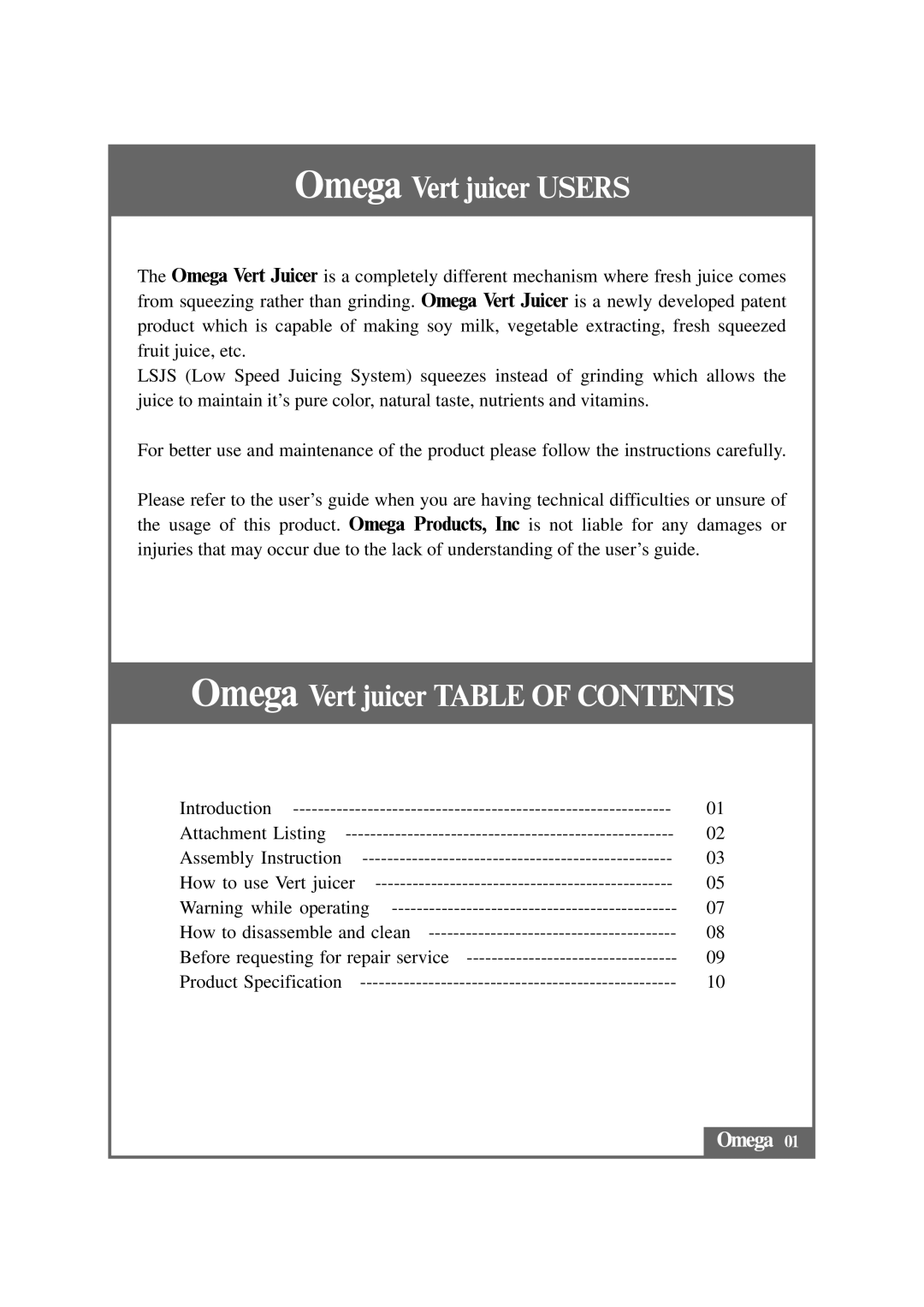 Omega VRT330 instruction manual Omega Vert juicer USERS, Omega Vert juicer TABLE OF CONTENTS 
