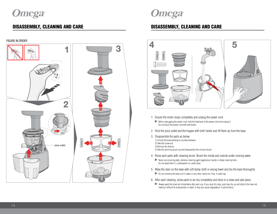 Omega VRT400 DISASSEMBLY, Cleaning and Care, Ensure the motor stops completely and unplug the power cord, Juice outlet 