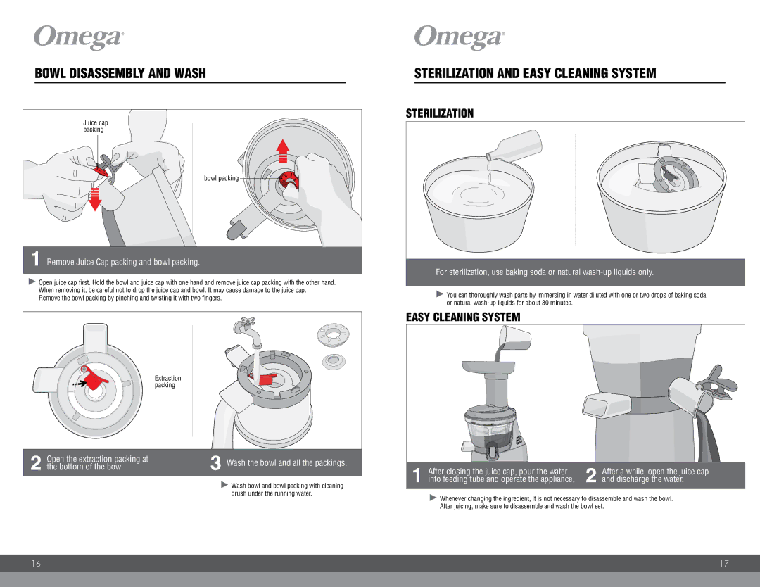 Omega VRT400 instruction manual Bowl Disassembly and Wash, Sterilization and Easy Cleaning System, Bowl packing 