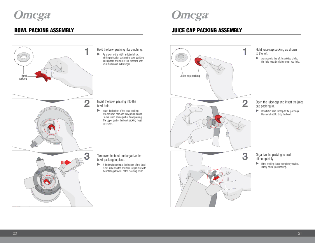 Omega VRT400 instruction manual Bowl Packing Assembly, Juice CAP Packing Assembly 